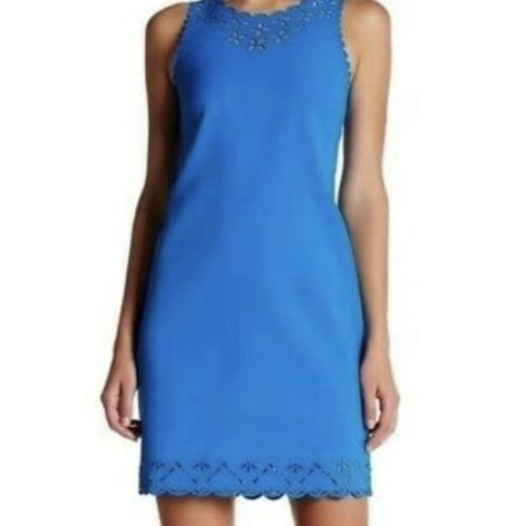 J Crew Sleeveless Laser Cut Stretch Dress Blue Size 4P - Picture 1 of 7